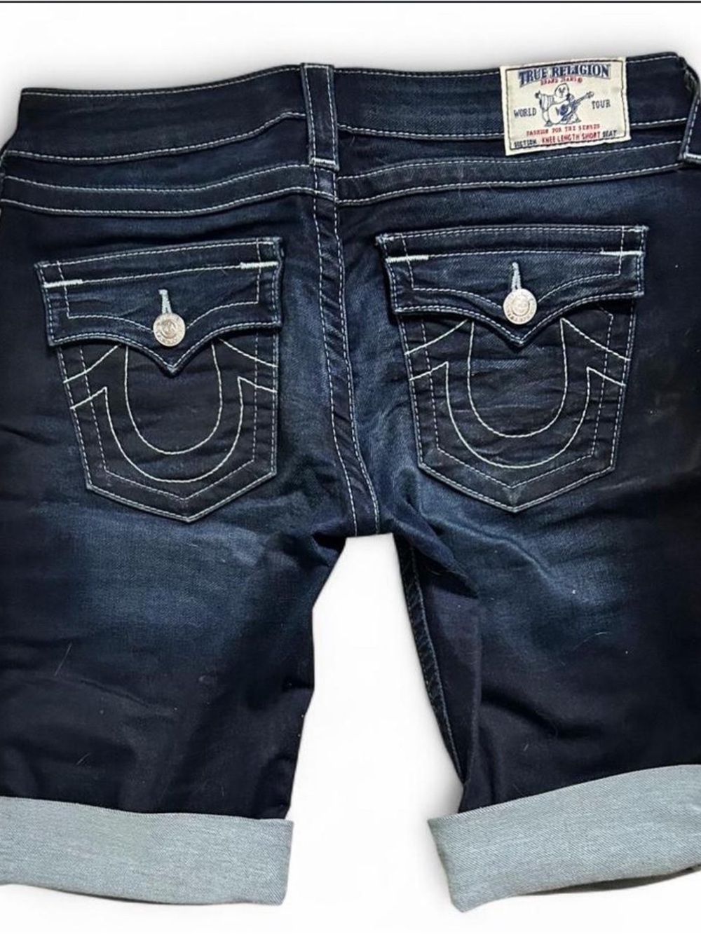 True Religion women Dark Indigo Rolled Hem Denim Shorts